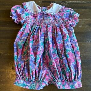 Vintage Allison Ann Bubble Smocked Romper One Piece Floral Embroidered Collar